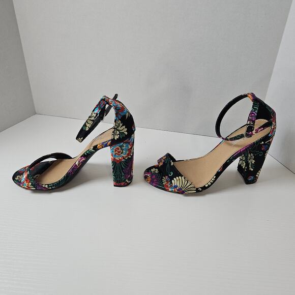 Brash Black Metallic Floral Brocade Print Open Toe Sandal Chunky Heal Size 6.5 - Picture 3 of 6